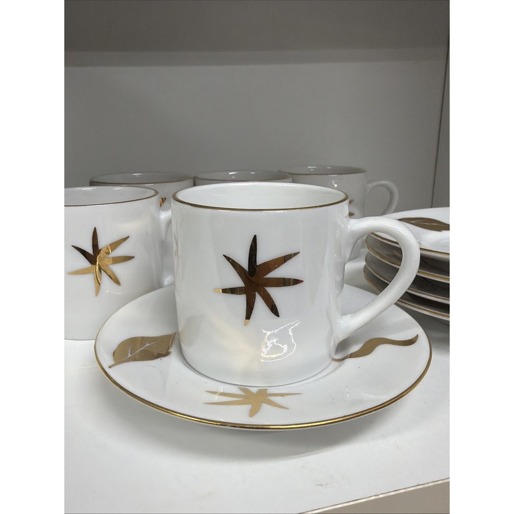 VTG Pier 1 Espresso Cup & Saucers Set of 5 90s Starburst Sunburst Gold Accent